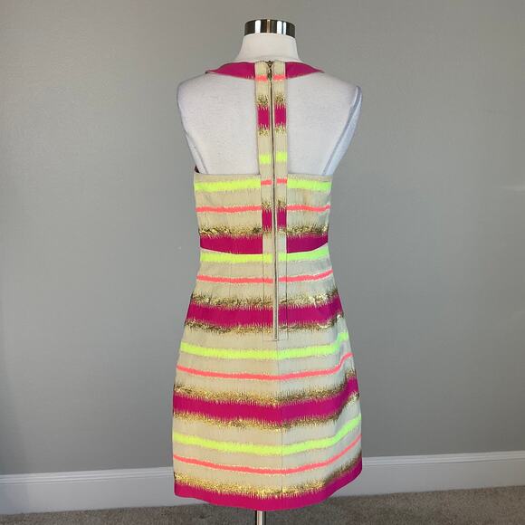 Colorful Striped Cut Out Sheath Dress Size 4 Pink & Gold T-Back by Laundry - Picture 2 of 11